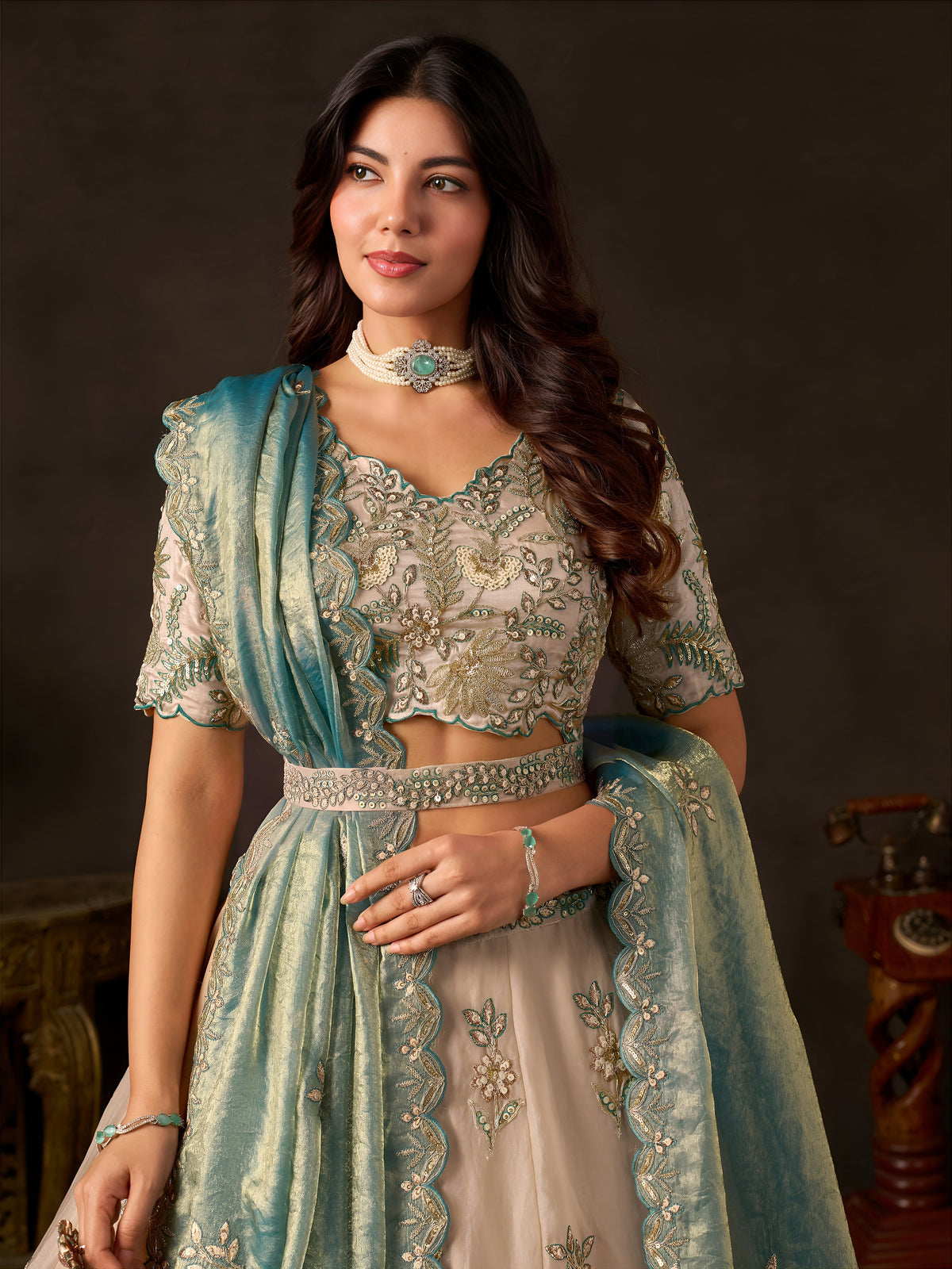 Teal Gold Fendy Silk Embroidered Lehenga Choli