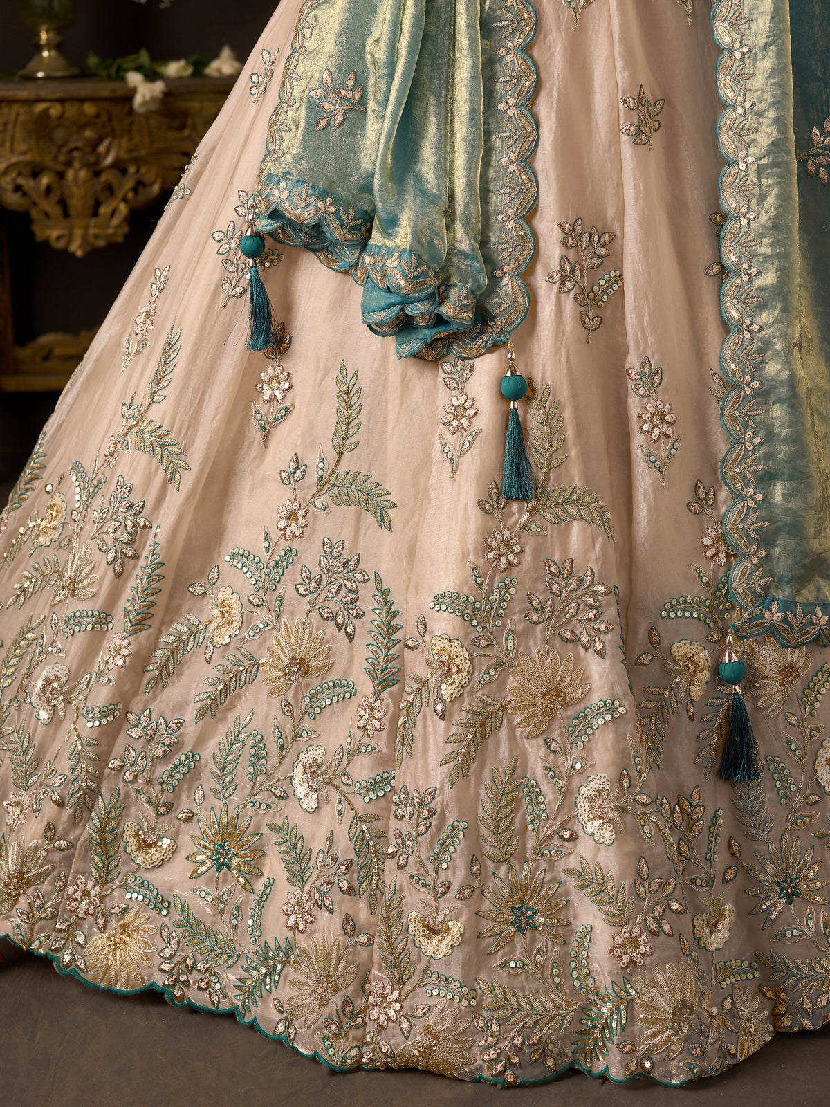 Teal Gold Fendy Silk Embroidered Lehenga Choli