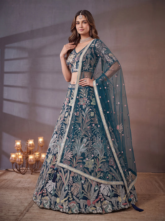 Teal Blue Soft Net Lehenga with Thread and Multiple Sequins Embroidery Work