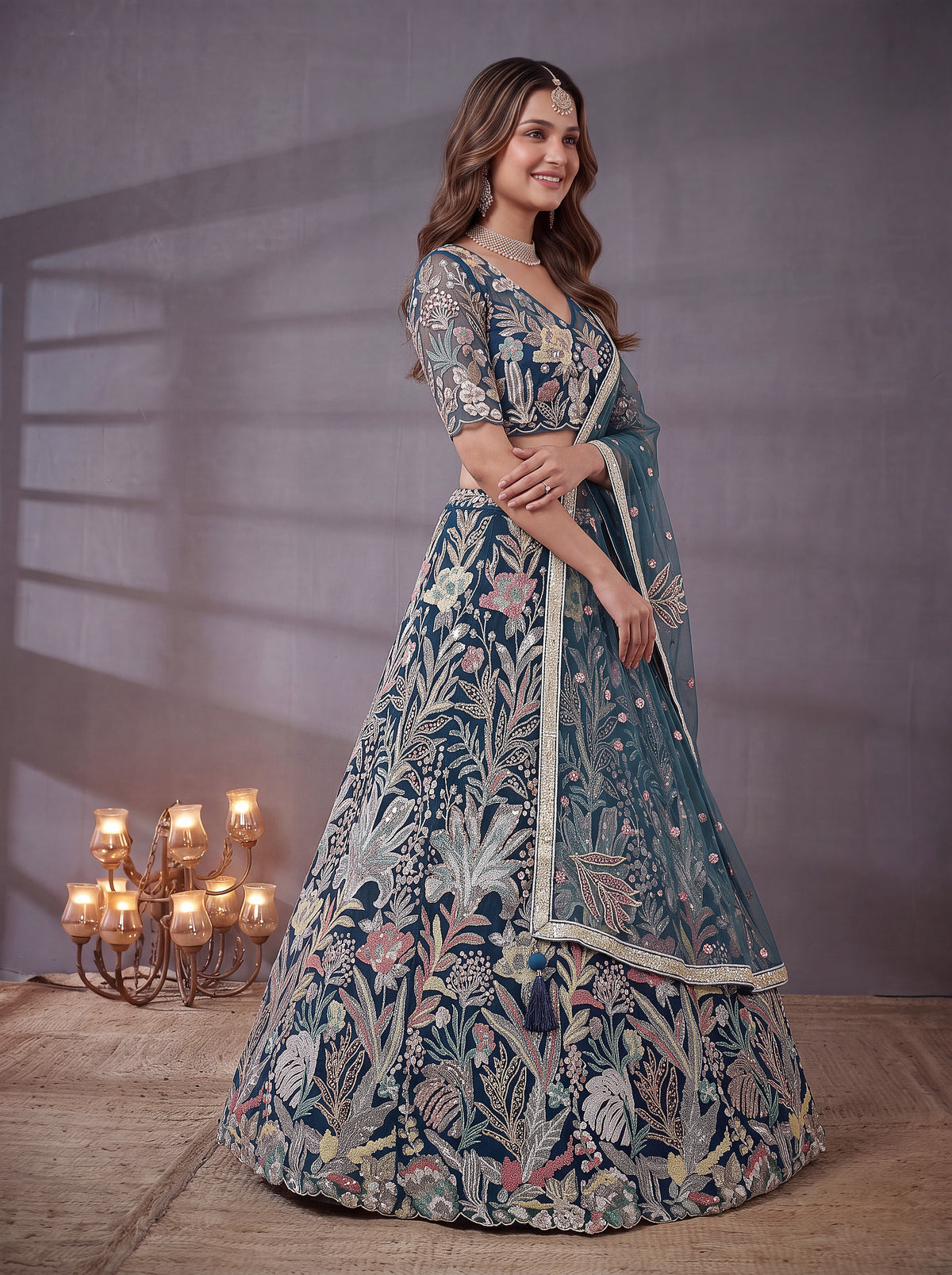 Teal Blue Soft Net Lehenga with Thread and Multiple Sequins Embroidery Work