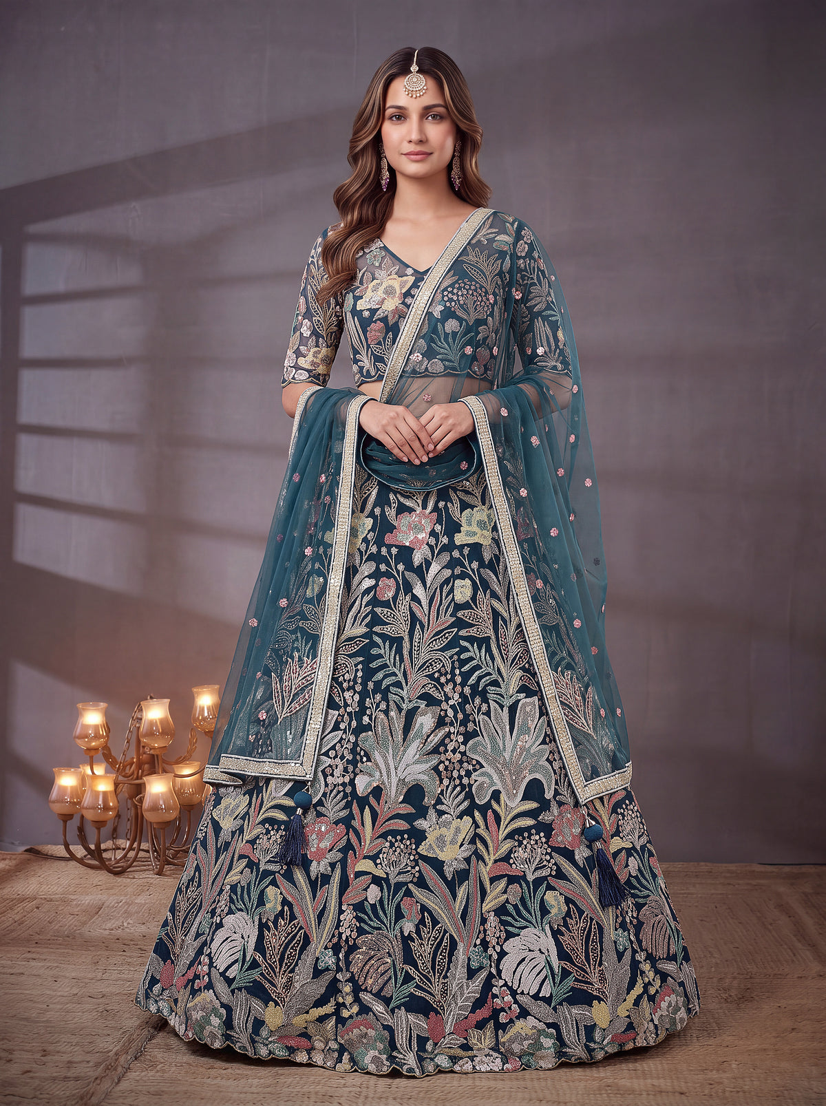 Teal Blue Soft Net Lehenga with Thread and Multiple Sequins Embroidery Work