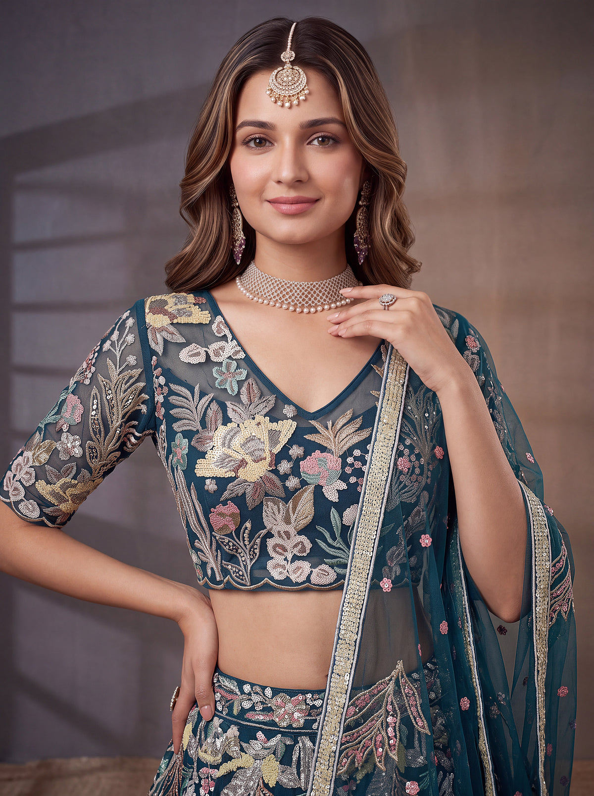 Teal Blue Soft Net Lehenga with Thread and Multiple Sequins Embroidery Work