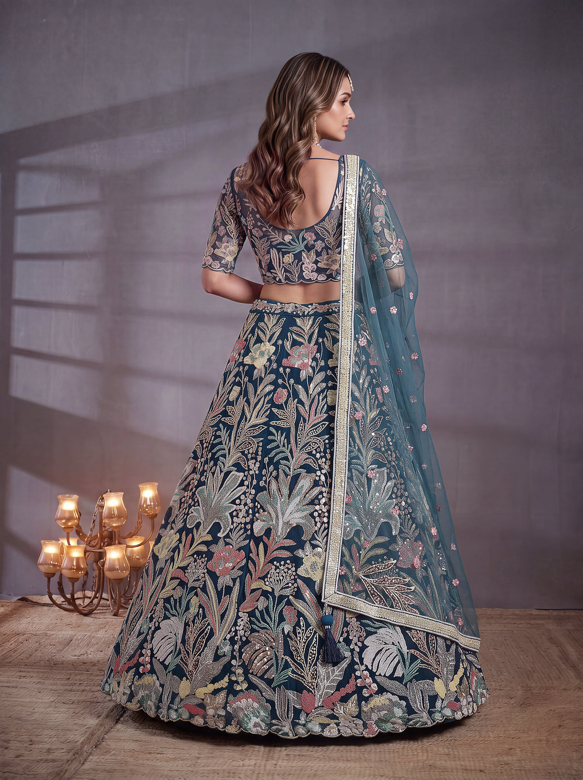 Teal Blue Soft Net Lehenga with Thread and Multiple Sequins Embroidery Work