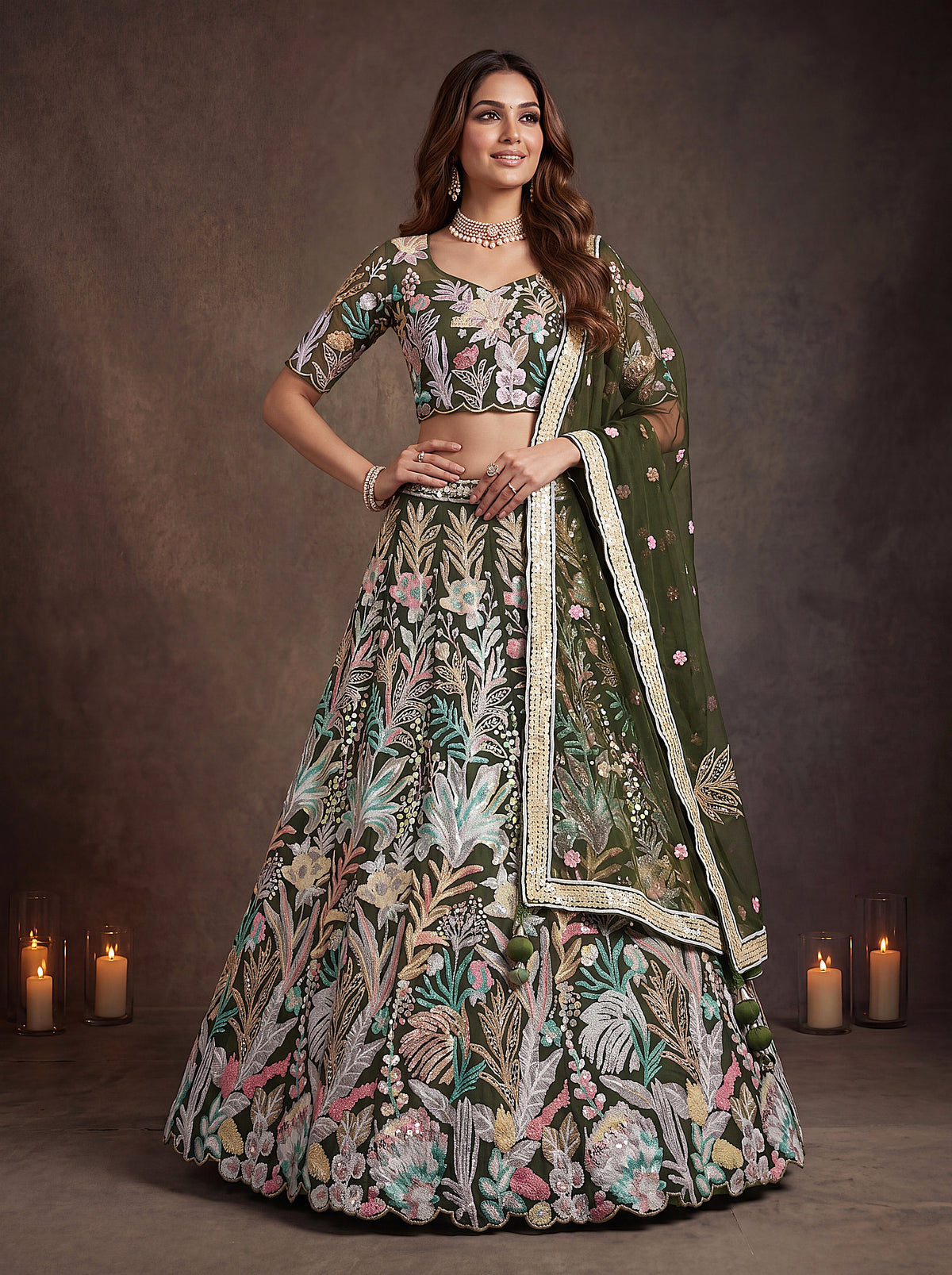 Mehendi Green Soft Net Lehenga with Thread and Multiple Sequins Embroidery Work