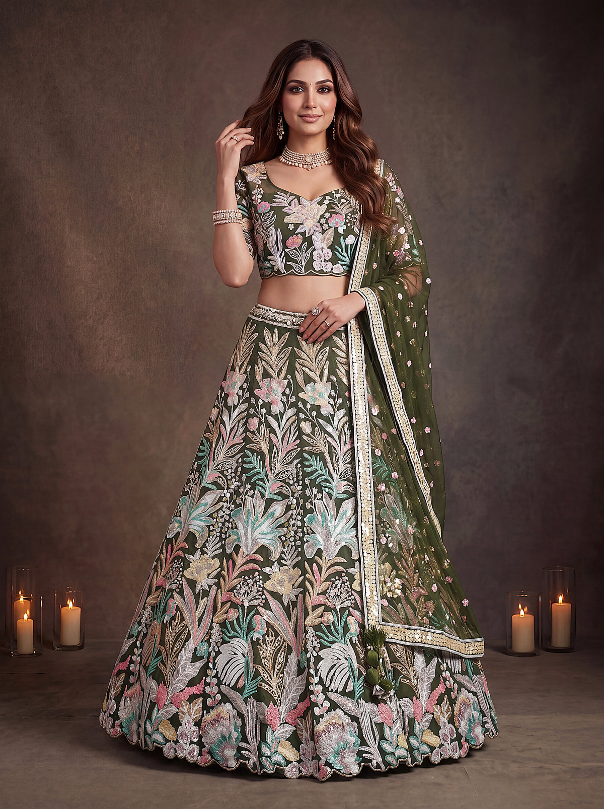 Mehendi Green Soft Net Lehenga with Thread and Multiple Sequins Embroidery Work