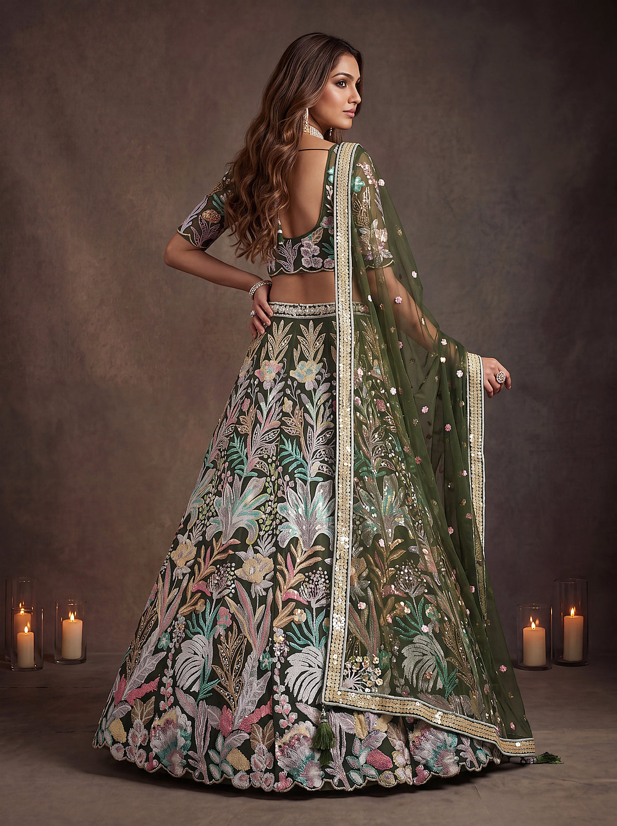 Mehendi Green Soft Net Lehenga with Thread and Multiple Sequins Embroidery Work