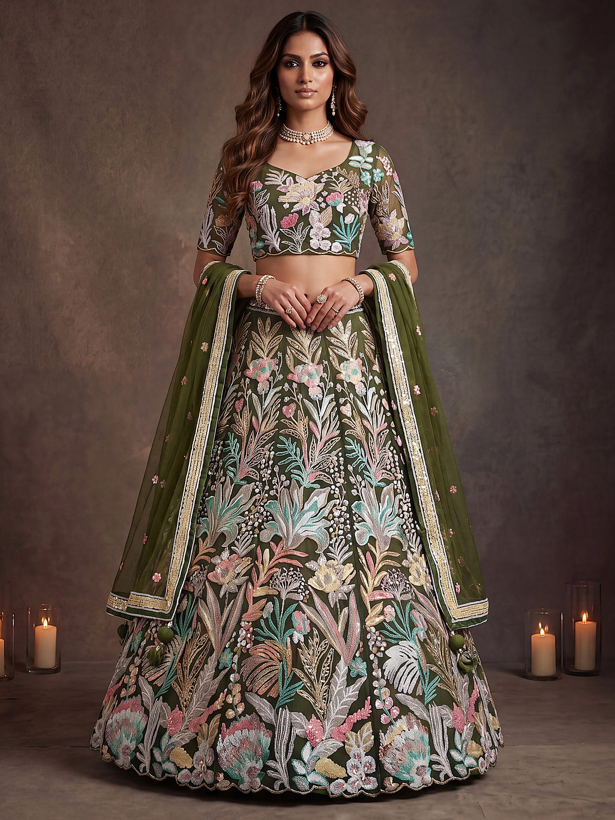 Mehendi Green Soft Net Lehenga with Thread and Multiple Sequins Embroidery Work