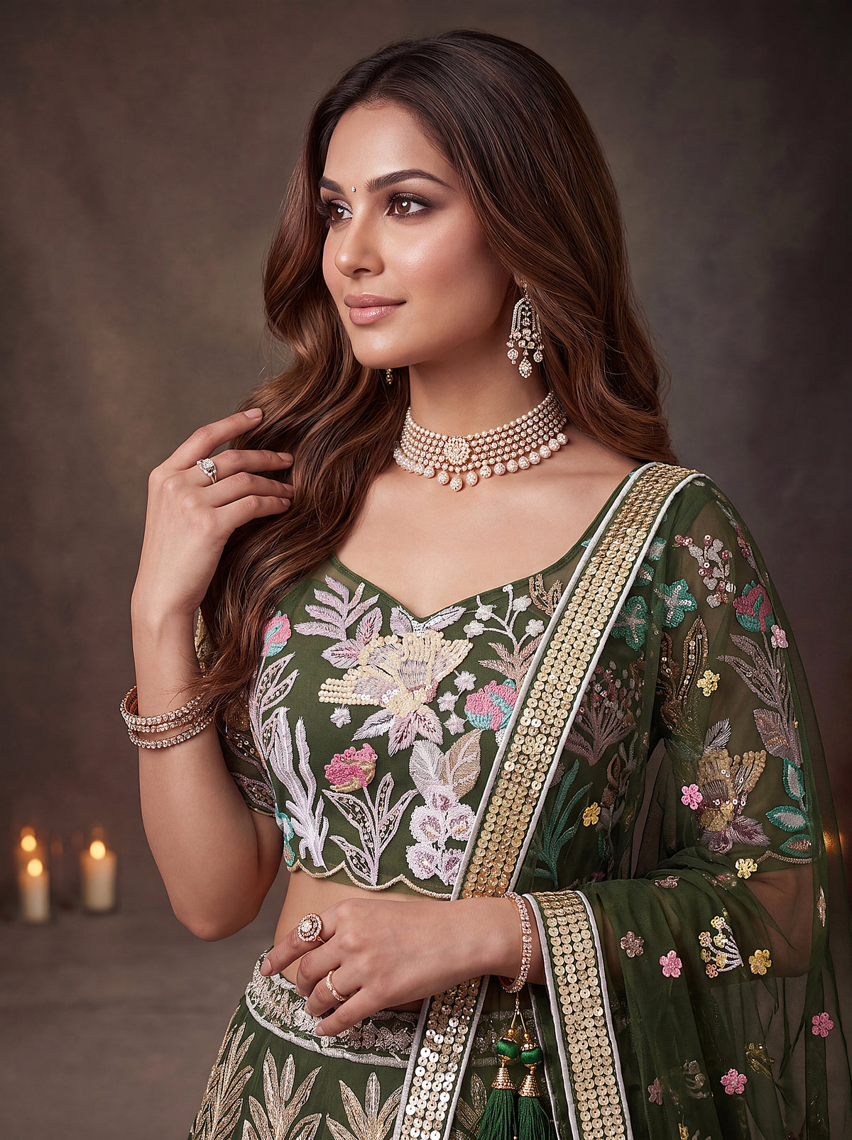 Mehendi Green Soft Net Lehenga with Thread and Multiple Sequins Embroidery Work