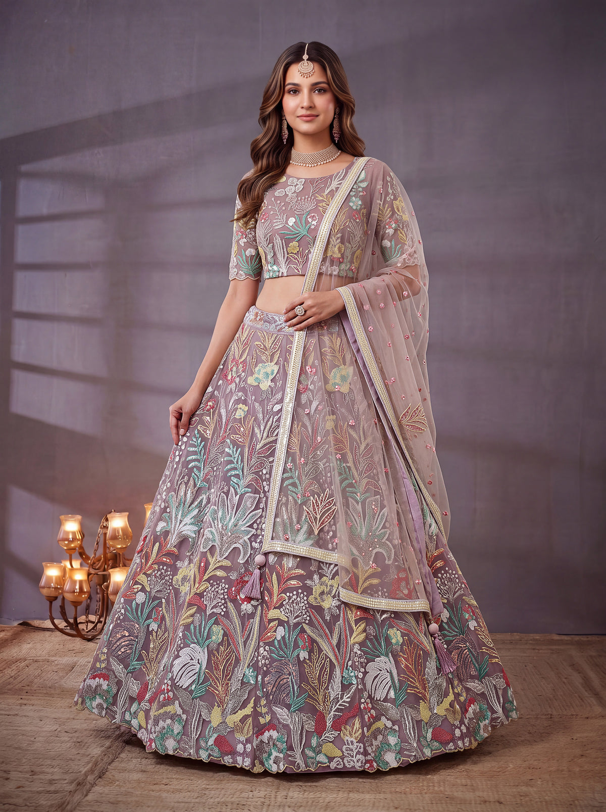 Lavender Soft Net Lehenga with Thread and Multiple Sequins Embroidery Work