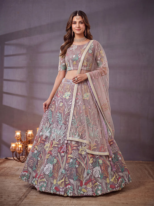 Lavender Soft Net Lehenga with Thread and Multiple Sequins Embroidery Work