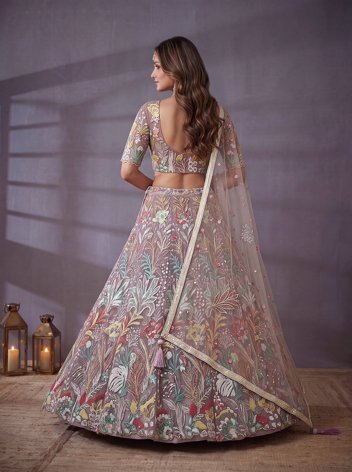 Lavender Soft Net Lehenga with Thread and Multiple Sequins Embroidery Work