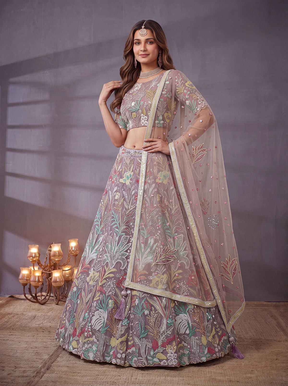 Lavender Soft Net Lehenga with Thread and Multiple Sequins Embroidery Work