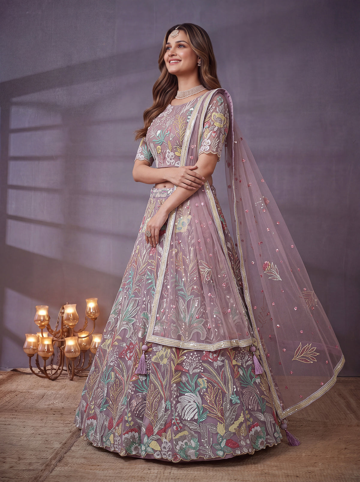 Lavender Soft Net Lehenga with Thread and Multiple Sequins Embroidery Work