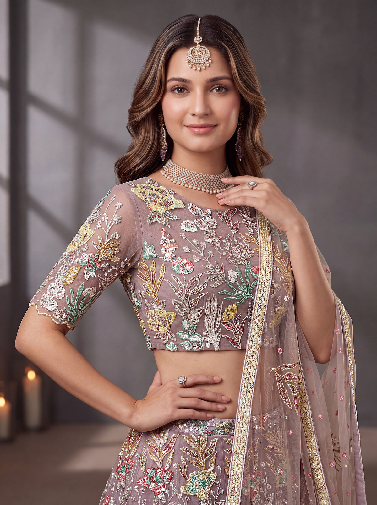 Lavender Soft Net Lehenga with Thread and Multiple Sequins Embroidery Work