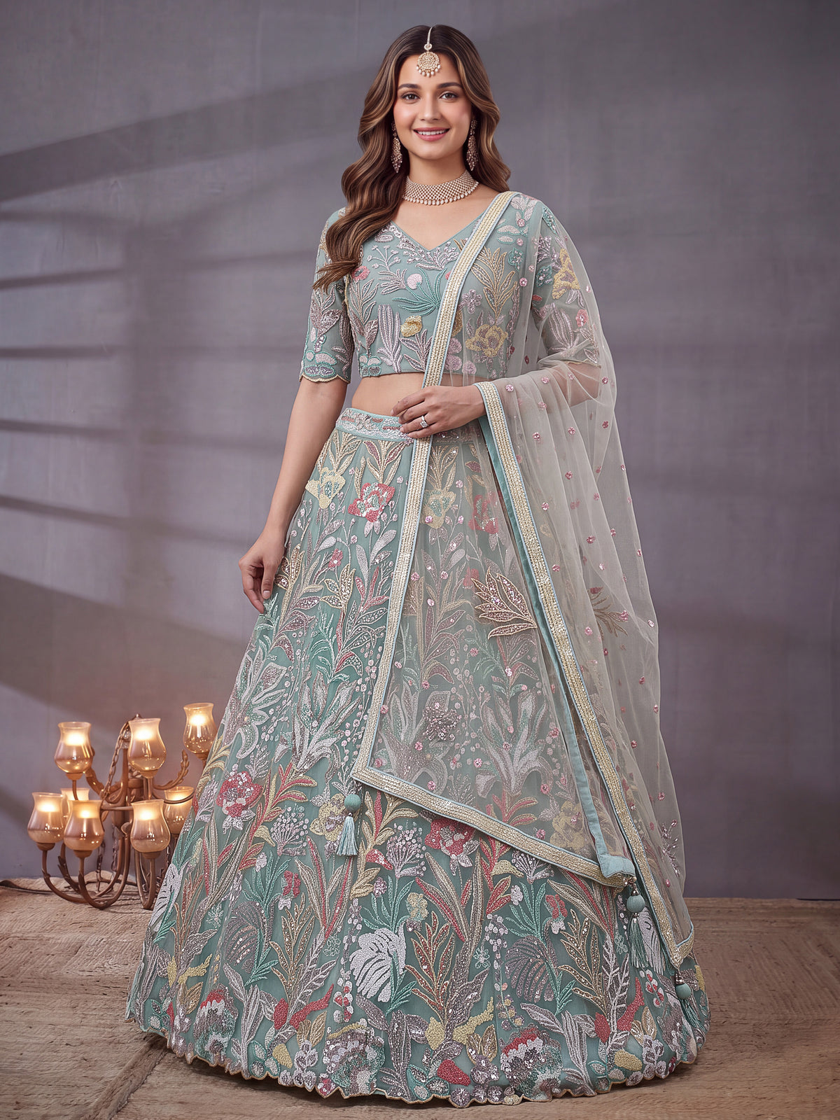 Mint Blue Soft Net Lehenga with Thread and Multiple Sequins Embroidery Work