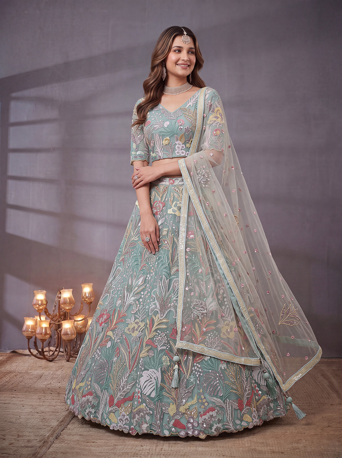 Mint Blue Soft Net Lehenga with Thread and Multiple Sequins Embroidery Work