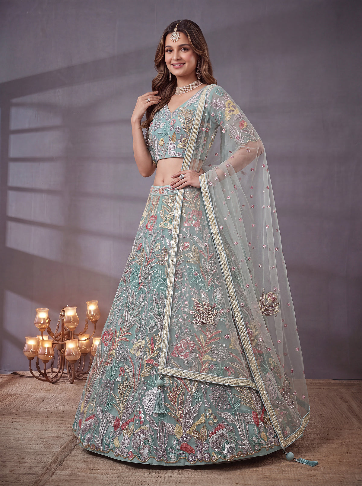 Mint Blue Soft Net Lehenga with Thread and Multiple Sequins Embroidery Work