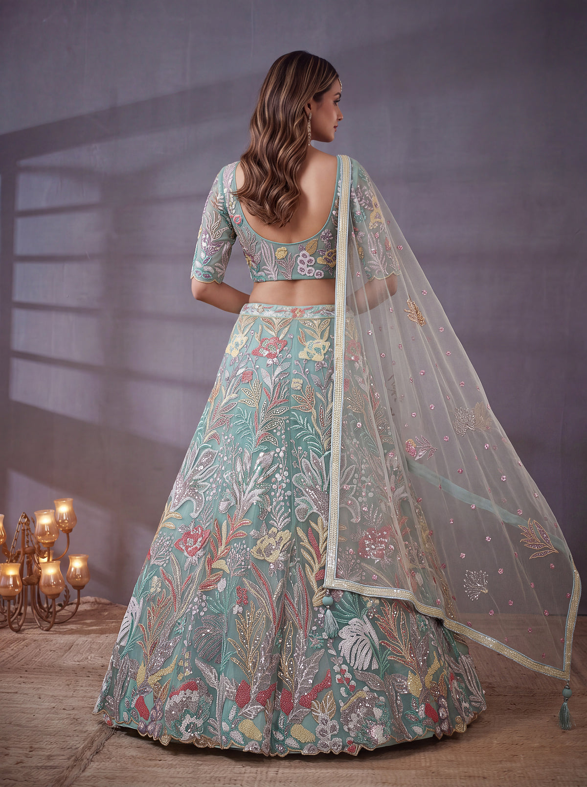 Mint Blue Soft Net Lehenga with Thread and Multiple Sequins Embroidery Work