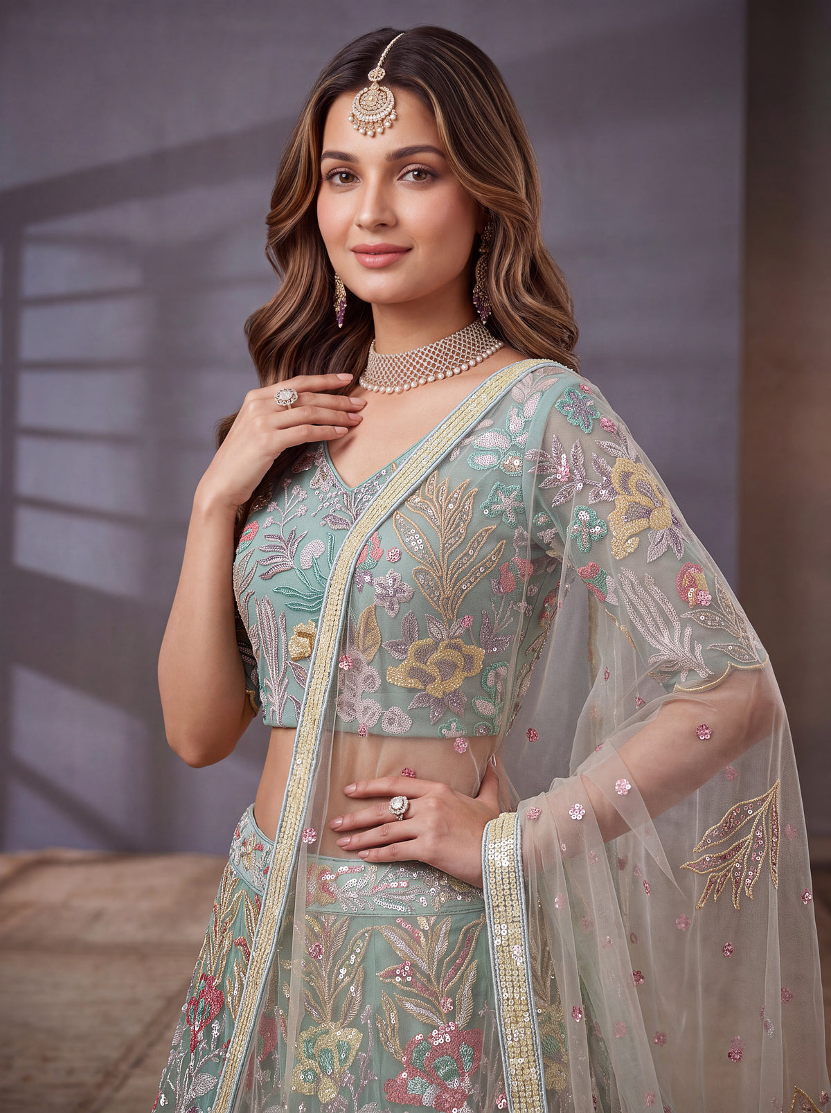 Mint Blue Soft Net Lehenga with Thread and Multiple Sequins Embroidery Work