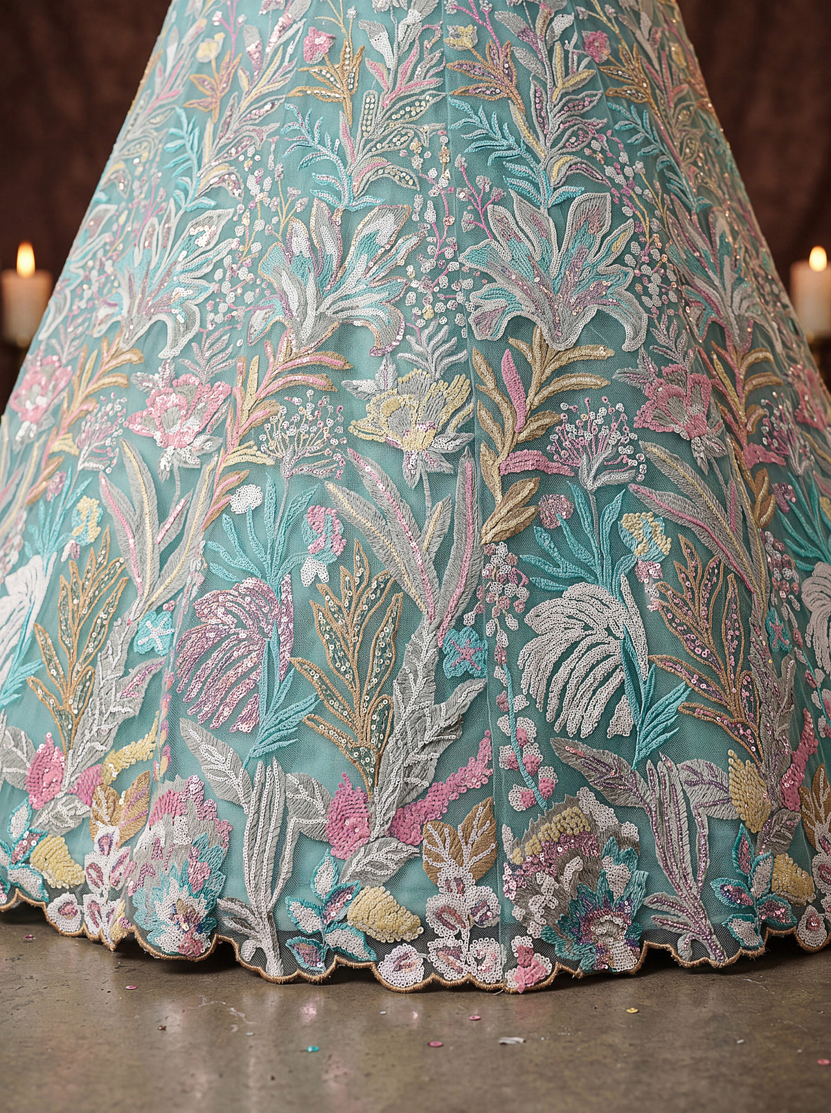 Mint Blue Soft Net Lehenga with Thread and Multiple Sequins Embroidery Work
