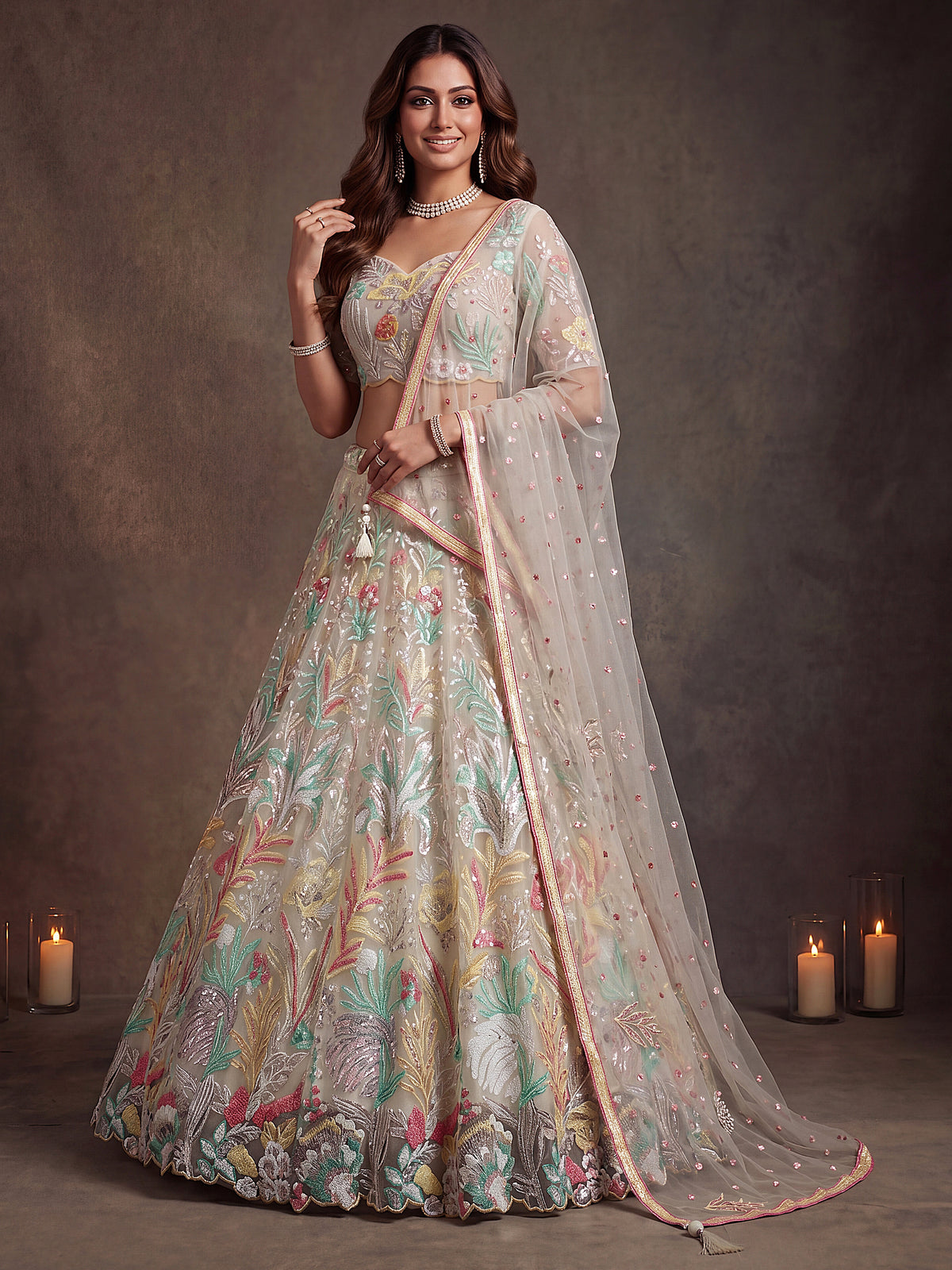 Off White Soft Net Lehenga with Thread and Multiple Sequins Embroidery Work