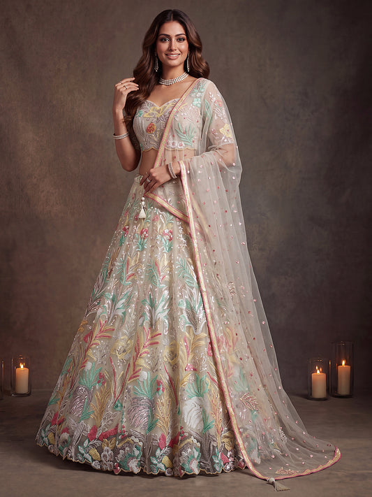 Off White Soft Net Lehenga with Thread and Multiple Sequins Embroidery Work