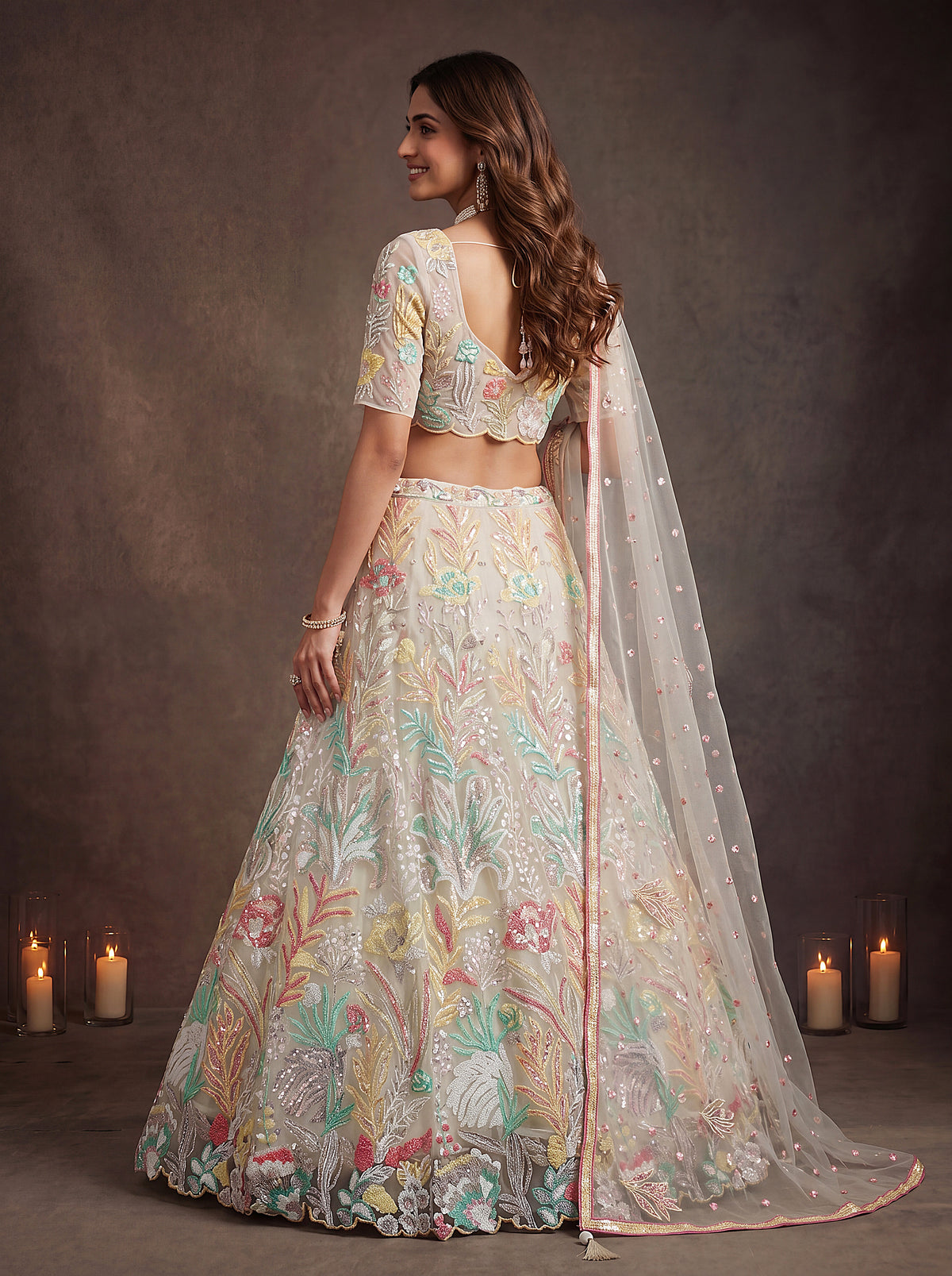 Off White Soft Net Lehenga with Thread and Multiple Sequins Embroidery Work
