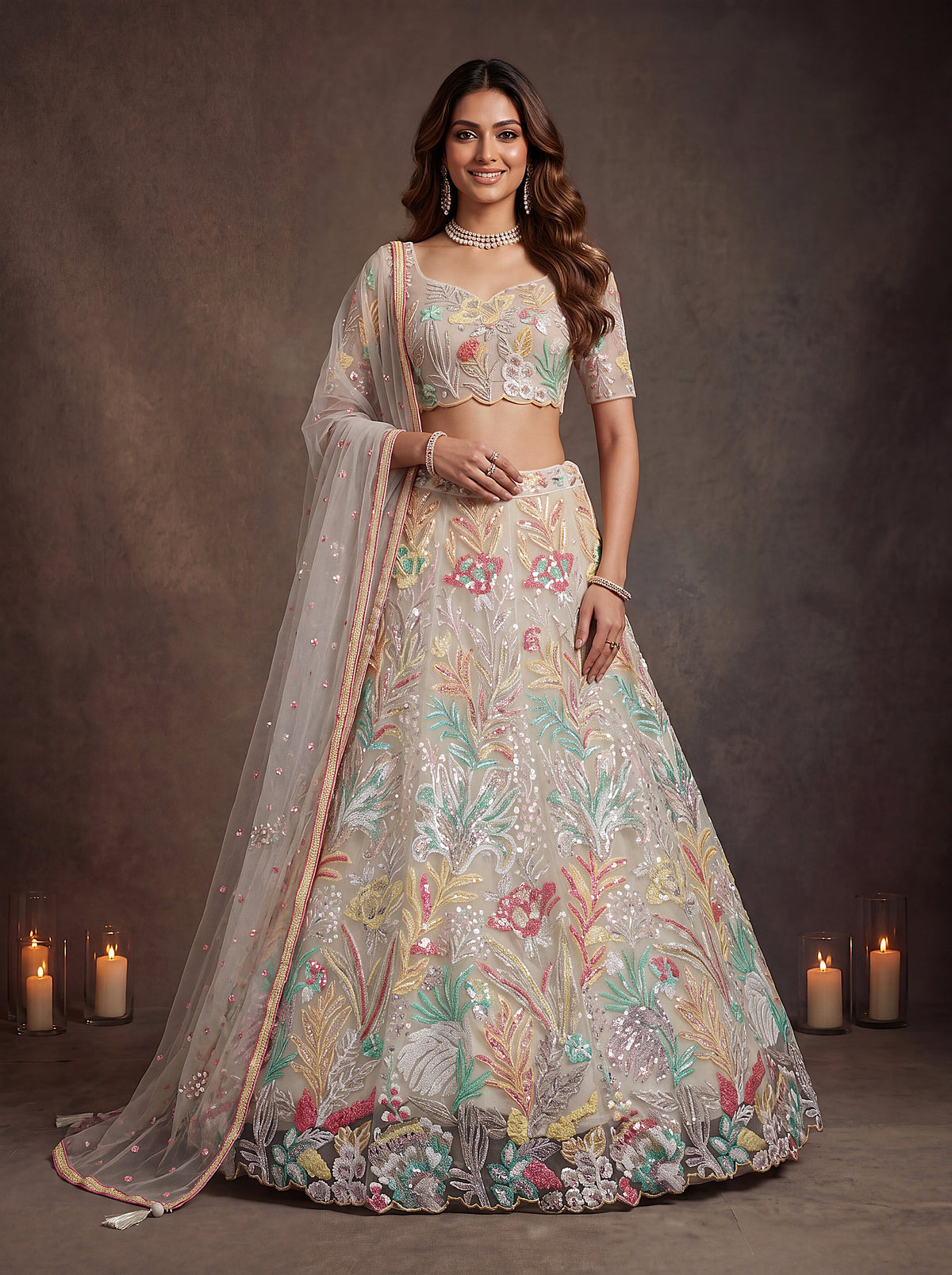 Off White Soft Net Lehenga with Thread and Multiple Sequins Embroidery Work