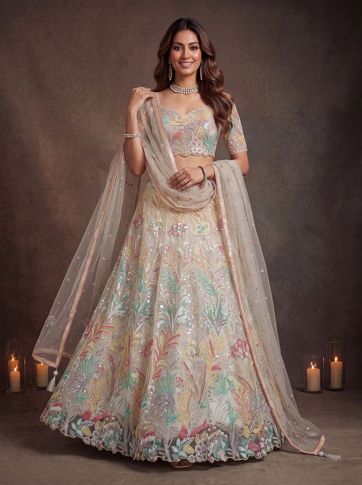 Off White Soft Net Lehenga with Thread and Multiple Sequins Embroidery Work