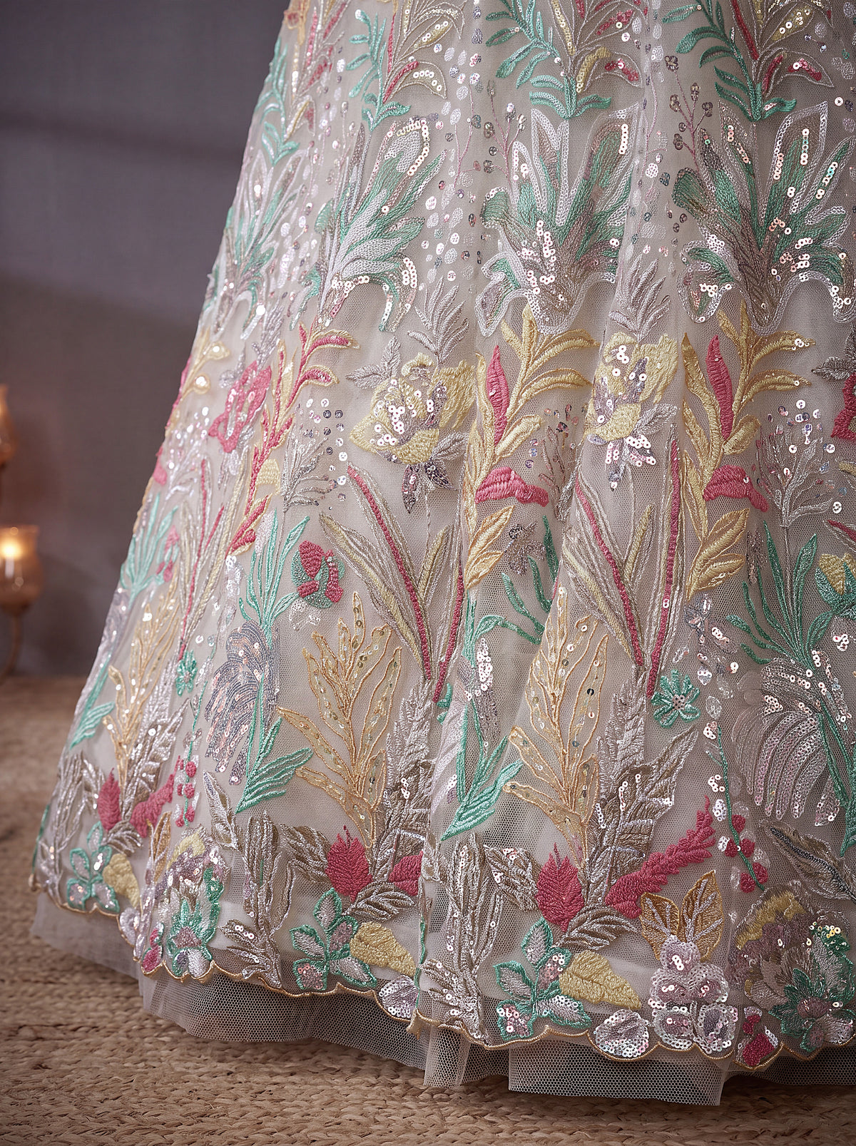 Off White Soft Net Lehenga with Thread and Multiple Sequins Embroidery Work