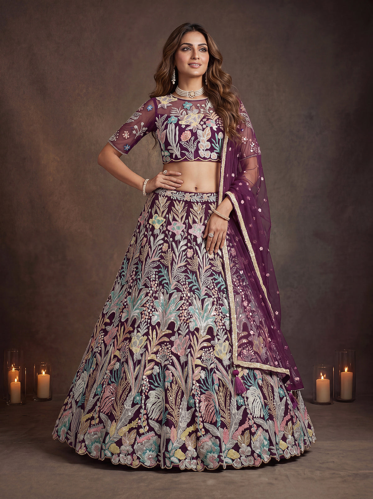 Wine Soft Net Lehenga with Thread and Multiple Sequins Embroidery Work
