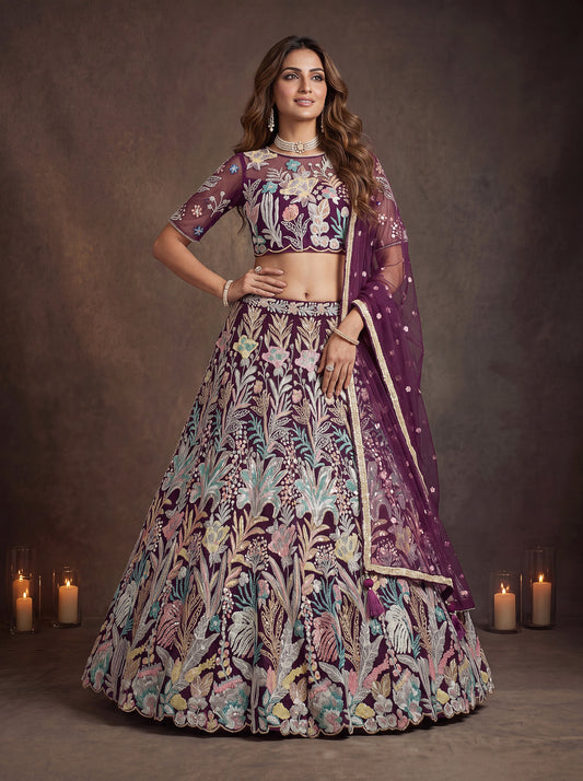 Wine Soft Net Lehenga with Thread and Multiple Sequins Embroidery Work