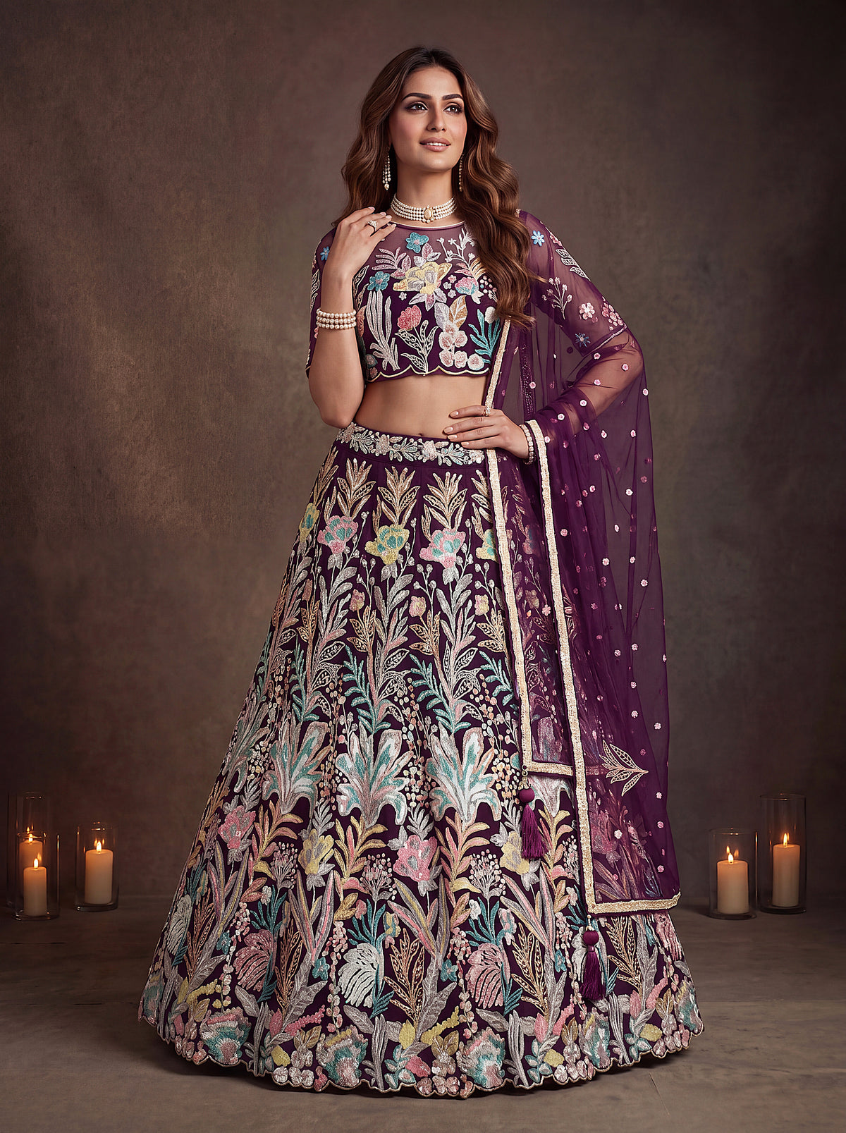 Wine Soft Net Lehenga with Thread and Multiple Sequins Embroidery Work