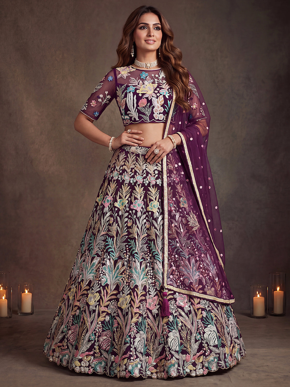 Wine Soft Net Lehenga with Thread and Multiple Sequins Embroidery Work