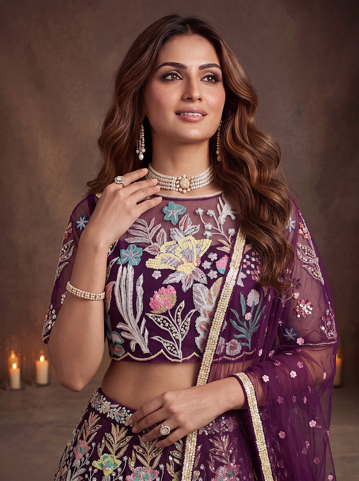 Wine Soft Net Lehenga with Thread and Multiple Sequins Embroidery Work