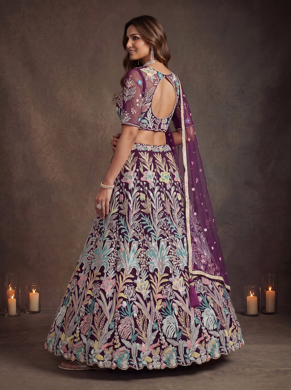 Wine Soft Net Lehenga with Thread and Multiple Sequins Embroidery Work