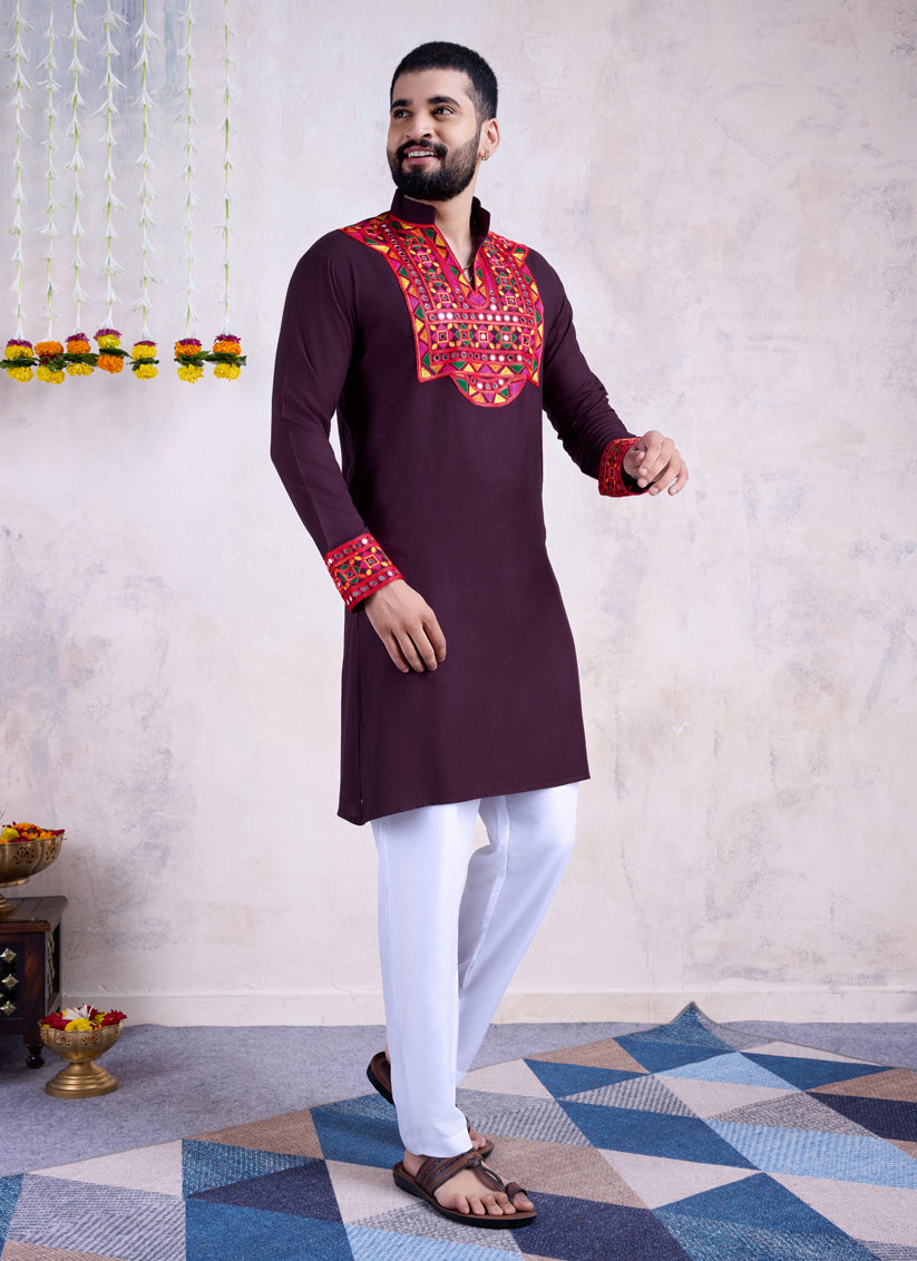 Purple Rayon Gamthi Work Navratri Special Kurta