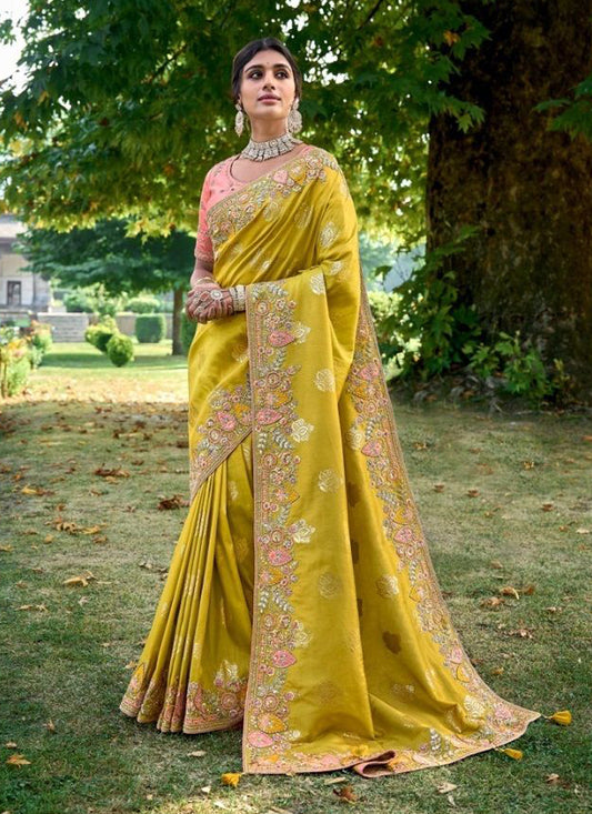 Lime Yellow Gadhwal Silk Designer Saree
