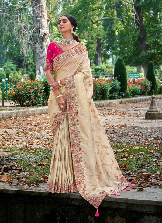 Cream Gadhwal Silk Designer Saree