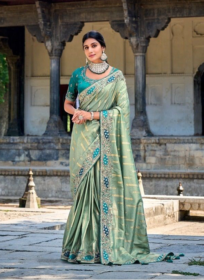 Teal Grey Gadhwal Silk Designer Saree