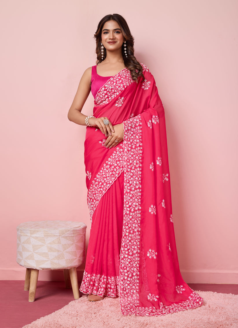 Hot Pink Silk Sequins Embroidered Saree