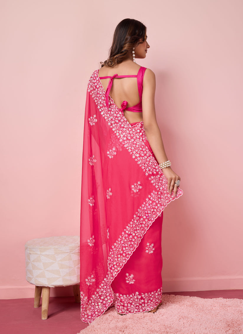 Hot Pink Silk Sequins Embroidered Saree