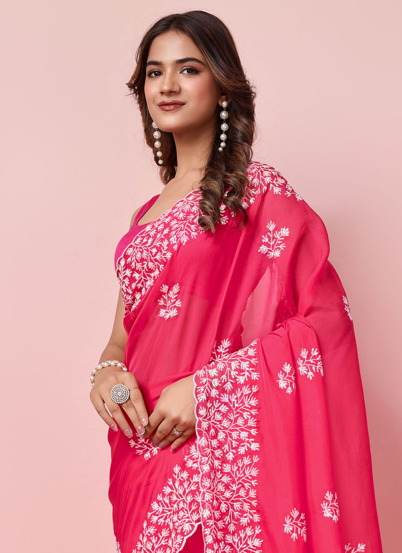 Hot Pink Silk Sequins Embroidered Saree