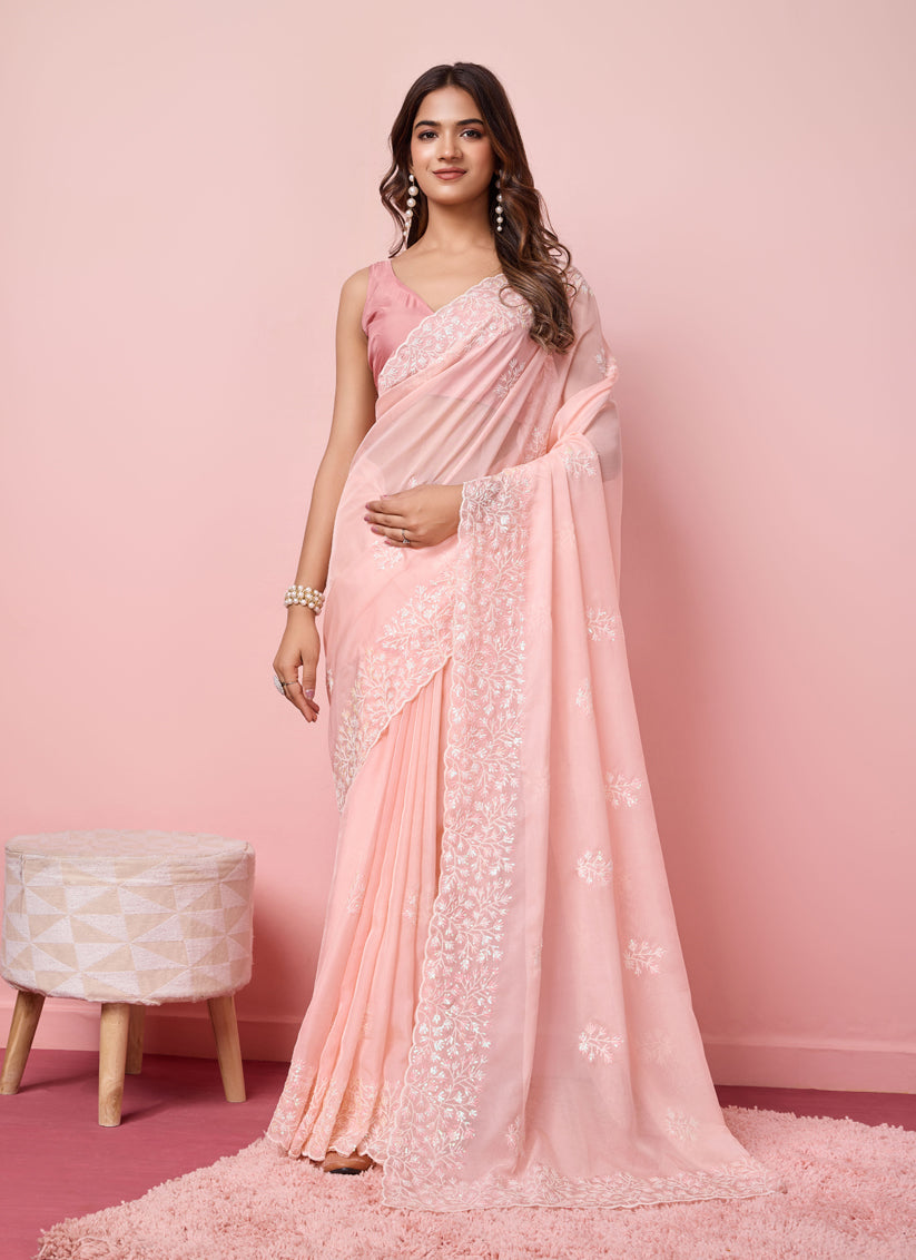 Blush Pink Silk Sequins Embroidered Saree