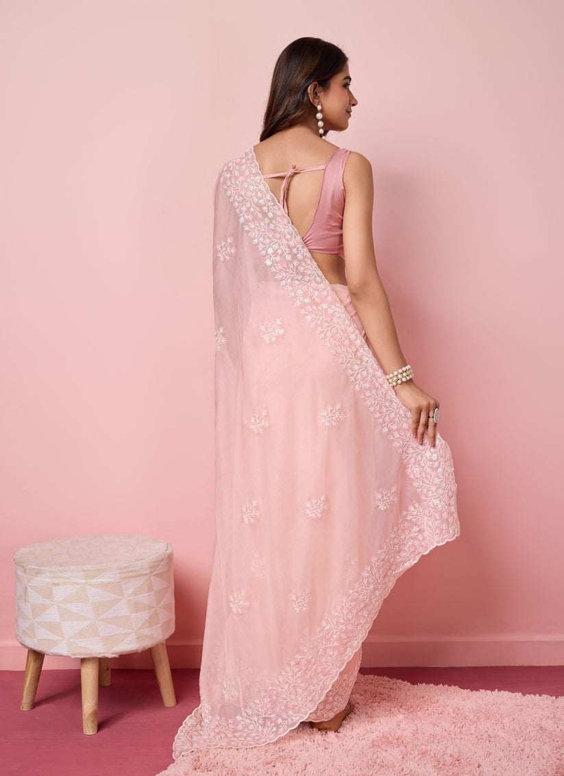 Blush Pink Silk Sequins Embroidered Saree