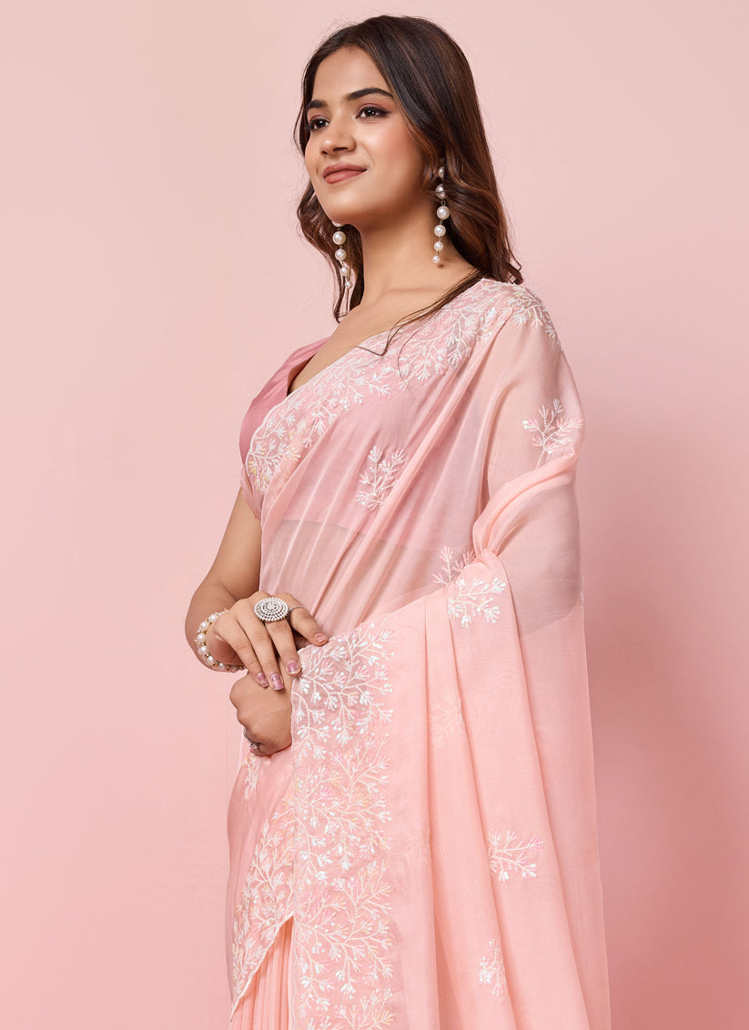 Blush Pink Silk Sequins Embroidered Saree