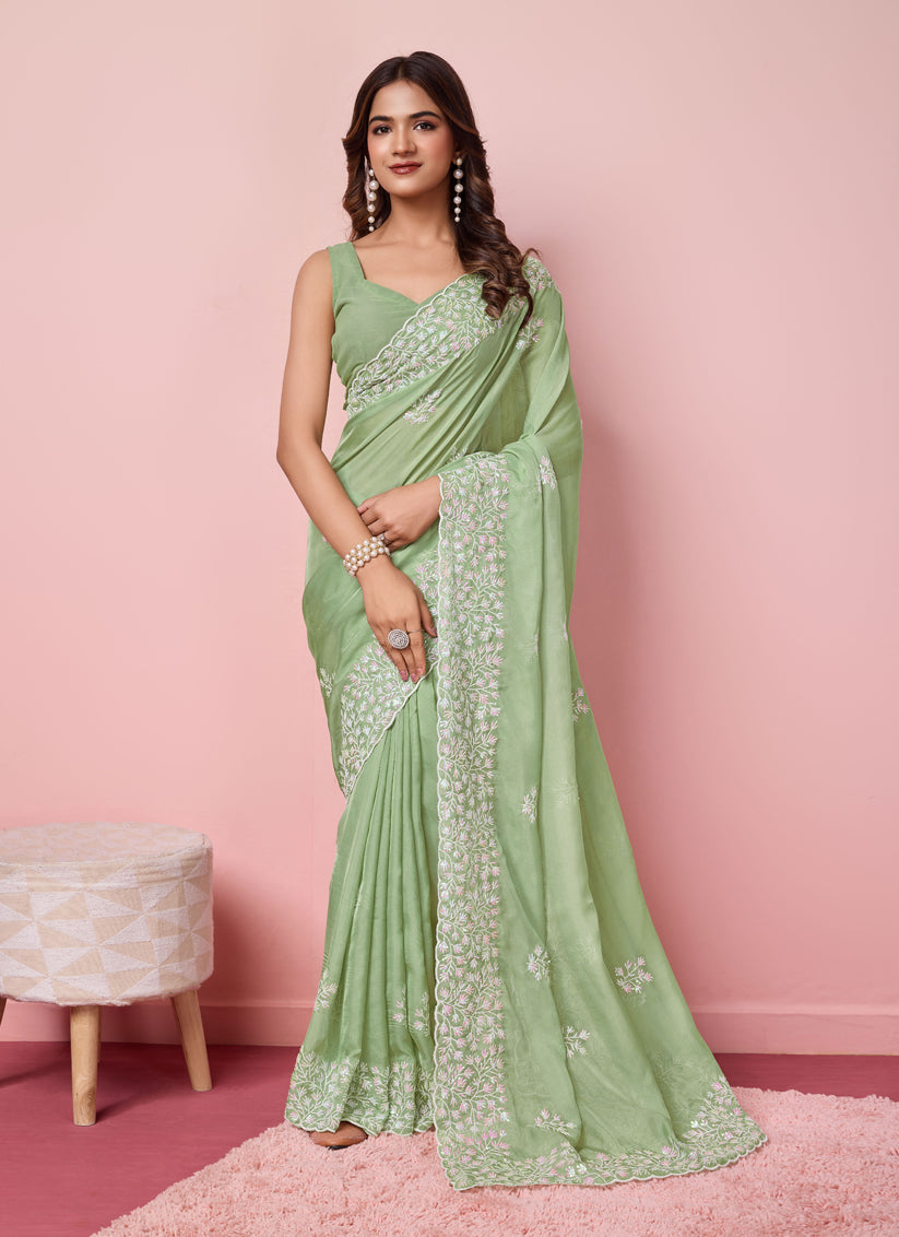 Pistachio Green Silk Sequins Embroidered Saree