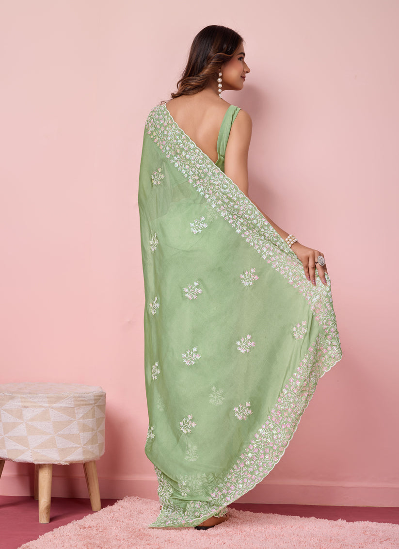 Pistachio Green Silk Sequins Embroidered Saree