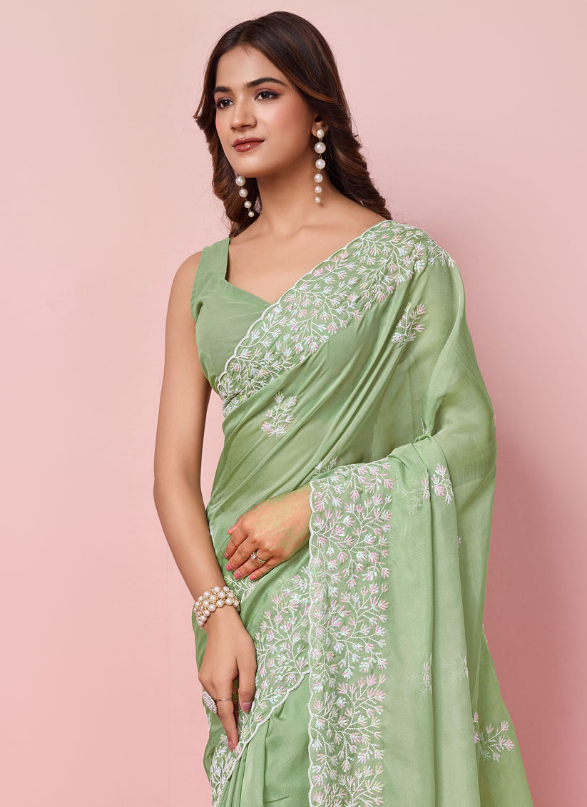 Pistachio Green Silk Sequins Embroidered Saree