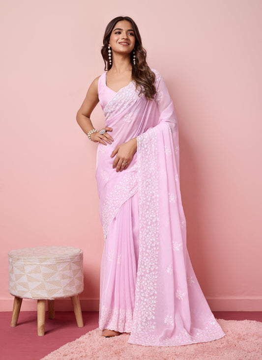 Lilac Pink Silk Sequins Embroidered Saree